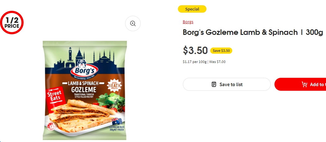 Borg's羊肉菠菜馅饼半价！300g，现价$3.50！@ Coles