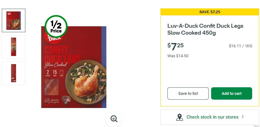 Luv-A-Duck慢炖鸭腿半价！450克，现价$7.25！@ Woolworths