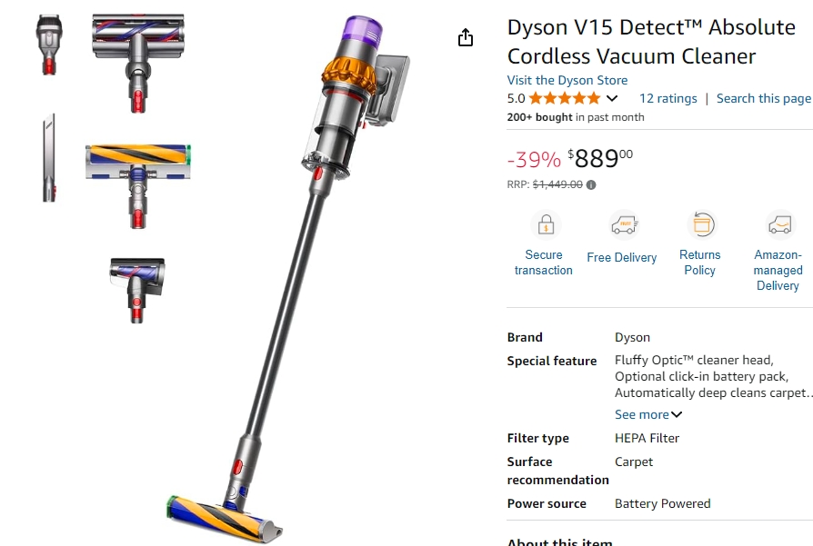 Dyson V15 Detect™ Absolute无绳真空吸尘器39%折扣！现价$889！@ Amazon