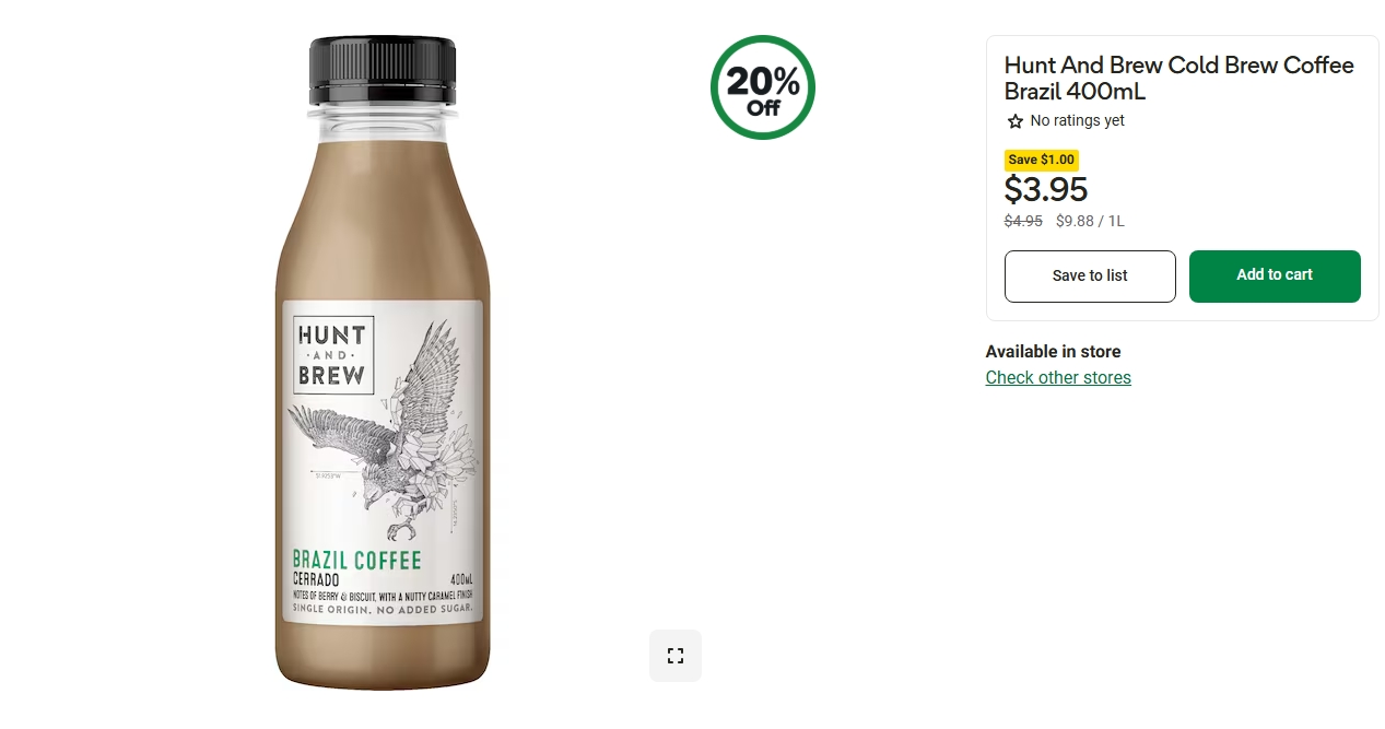 Hunt And Brew冷萃巴西风味咖啡特价！20%折扣，现价$3.95！@ Woolworths