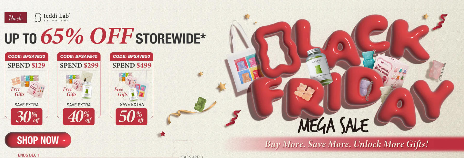 unichi小熊官网黑五促销：全场最高65%折扣！最高50%折上折，还有礼品赠送！