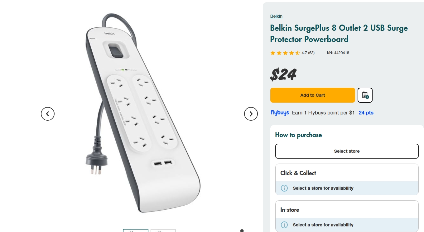 Belkin SurgePlus 8插座2 USB电涌保护器电源板，原价$34.99，现价$24！@ Bunnings