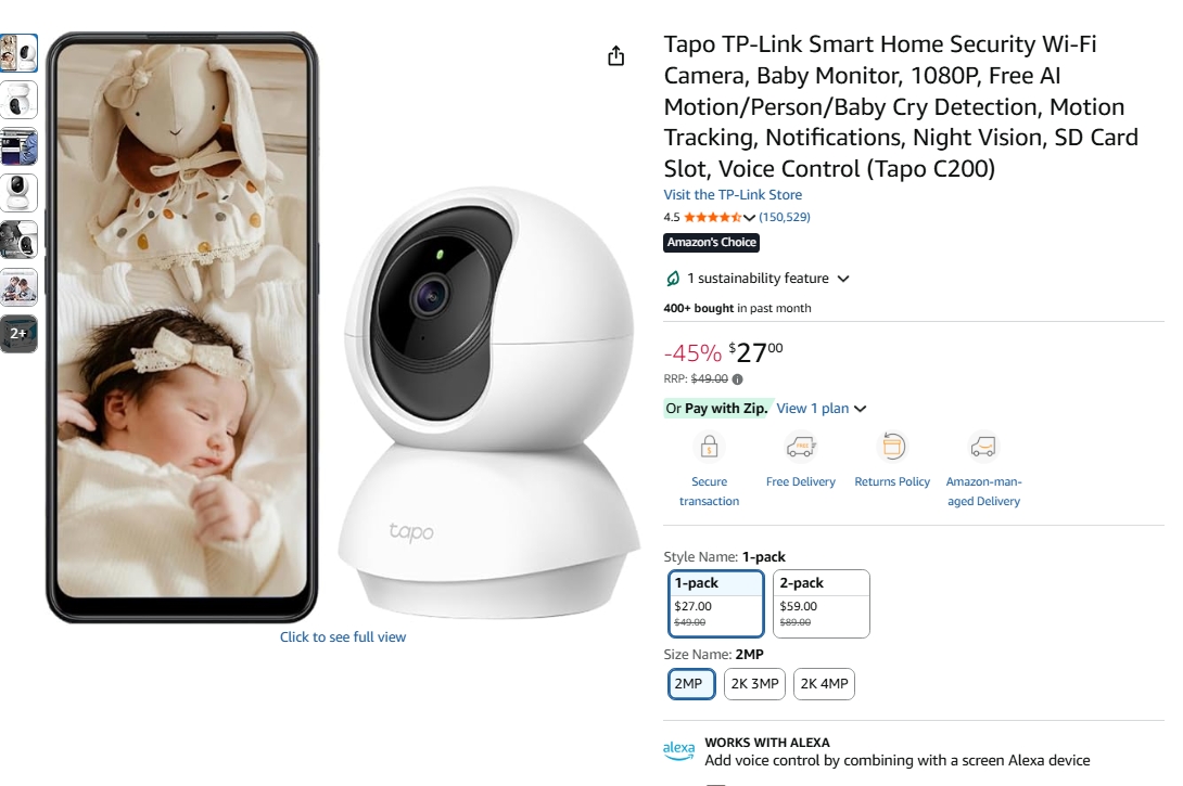 TP-Link智能家庭安全Wi-Fi摄像头45%折扣！原价$49，现价$27！@ Amazon