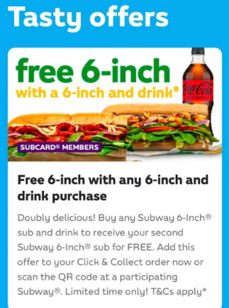 购买任意一个6英寸汉堡和饮料，免费赠送一个6英寸汉堡！@ Subway