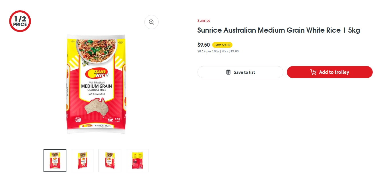 Sunrice澳洲中粒米半价！5kg，现价$9.50！@ Coles