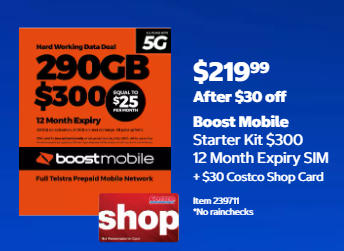 Boost Mobile12个月预付SIM卡套餐特价！290GB流量，现价$219.99，省$30！@ Costco