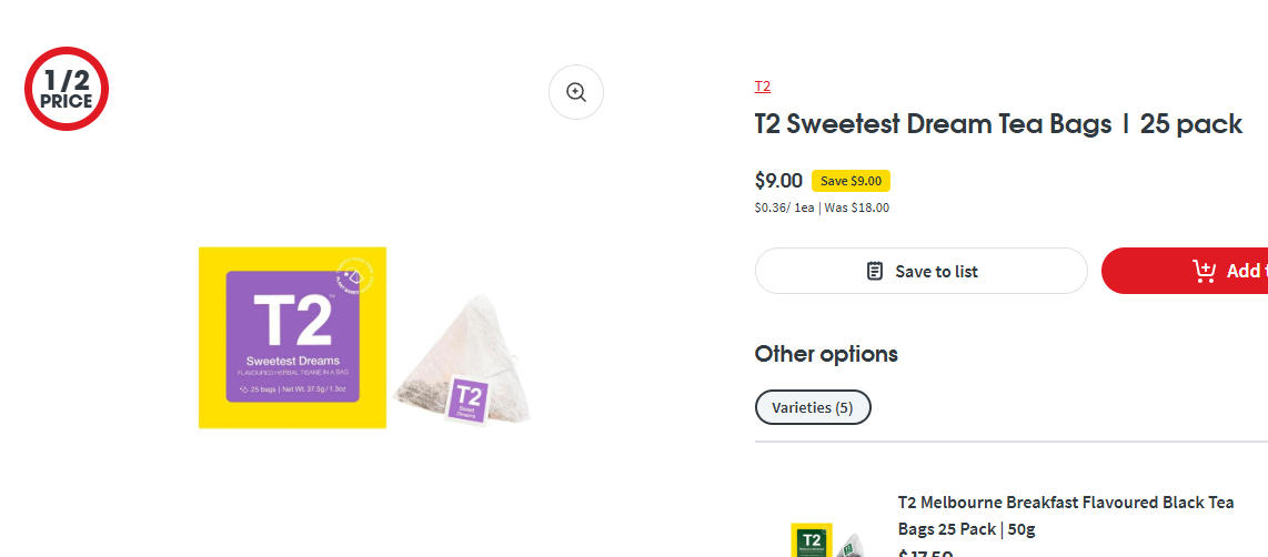 T2甜蜜美梦花草茶包半价！25包，现价$9.0！@ Coles