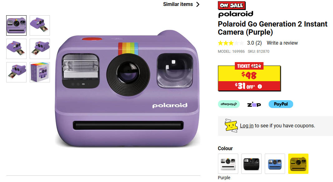 宝丽来 Go 2 速拍相机特价！现价$98，省$31！@ JB Hi-Fi