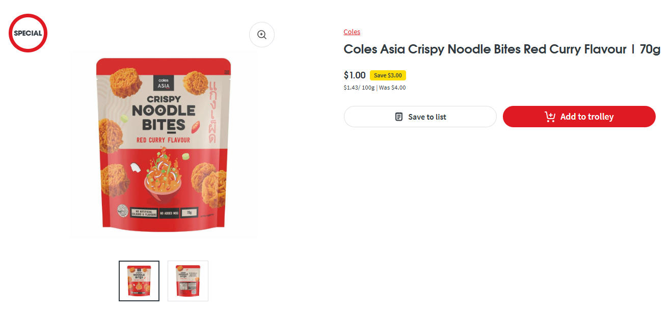 亚洲风味酥脆面粒红咖喱味特价！现价$1.00，省$3.00！@ Coles